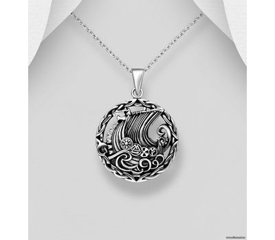 925 Sterling Silver Oxidized Viking Boat Pendant