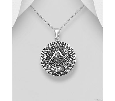 925 Sterling Silver Oxidized Freemasonry and Leaf Pendant