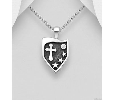 925 Sterling Silver Oxidized Cross and Star Pendant, Decorated with CZ Simulated Diamonds
