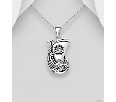 Şəkli böyütmək üçün tiklayın 925 Sterling Silver Oxidized Valknut and Viking Boat Pendant