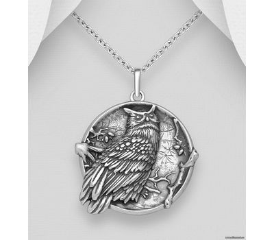 925 Sterling Silver Oxidized Owl Pendant
