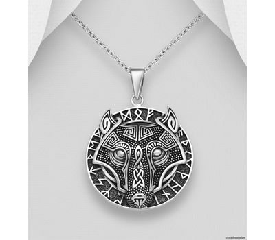 925 Sterling Silver Oxidized Celtic, Viking and Wolf Pendant
