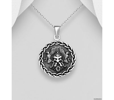 925 Sterling Silver Oxidized Odin father of Thor and Crow Pendant