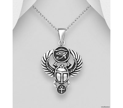 925 Sterling Silver Oxidized Egyptian Scarab Beetle, Egyptian Cross and The Eye Of Ra Pendant