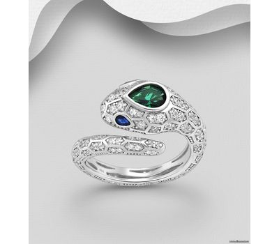925 Sterling Silver Snake Adjustable Ring, Decorated with CZ Simulated Diamonds