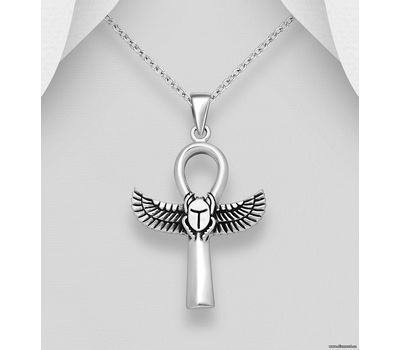 925 Sterling Silver Oxidized Egyptian Cross of Life Ankh with Scarab Pendant