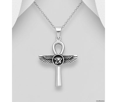 925 Sterling Silver Egyptian Cross, The Eye Of Ra and Wings Pendant