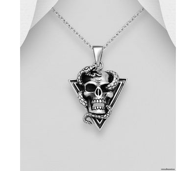 925 Sterling Silver Oxidized Skull and Snake Pendant