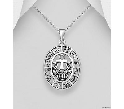 925 Sterling Silver Oxidized Egyptian Cross, Cobra and Lotus Pendant