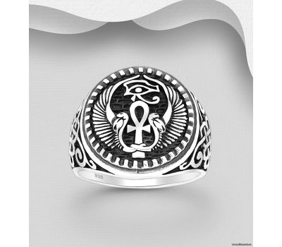 925 Sterling Silver Oxidized Celtic, Cobra, Egyptian Cross and The Eye Of Horus Ring