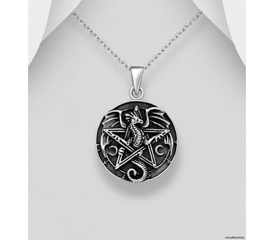 925 Sterling Silver Oxidized Dragon and Star Pendant