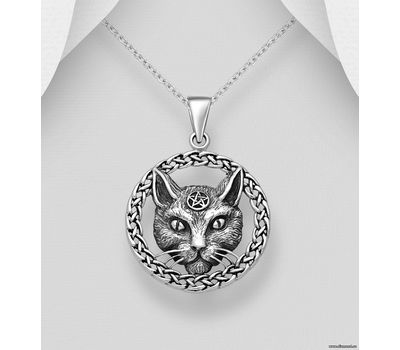 925 Sterling Silver Cat, Weave and Pentagram Pendant