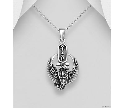 925 Sterling Silver Oxidized Cobra, Weave Wings and Egyptian Cross Pendant