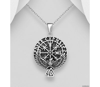 925 Sterling Silver Oxidized Eagle, Viking vegvisir amulet, Viking Rune and Valknut Pendant