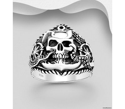 925 Sterling Silver Oxidized Skull and Octopus Ring