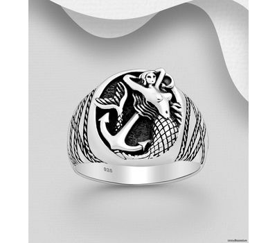 925 Sterling Silver Oxidized Anchor and Mermaid Ring