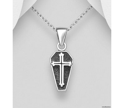 925 Sterling Silver Oxidized Coffin and Cross Pendant