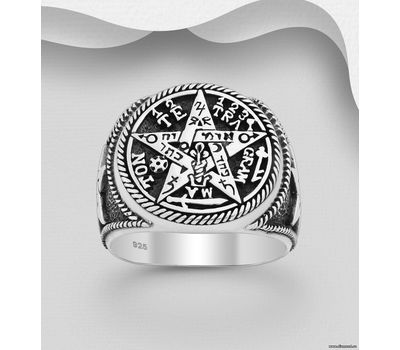 925 Sterling Silver Oxidized Pentagram and Tetragrammaton Ring