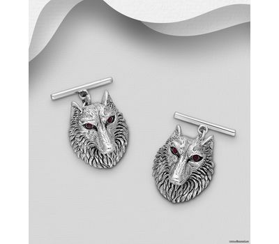 925 Sterling Silver Wolf Cuff Links, Decorated with Ruby