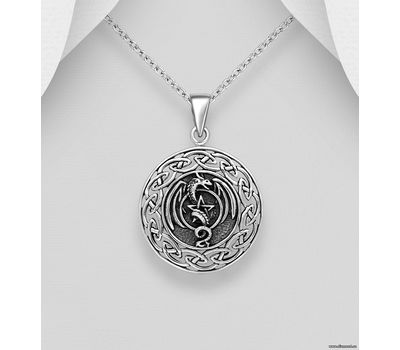 925 Sterling Silver Oxidized Celtic, Dragon and Star Pendant