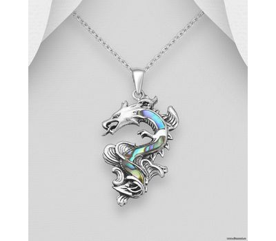 925 Sterling Silver Oxidized Dragon Pendant , Decorated with Shell