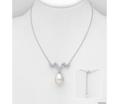 925 Sterling Silver Necklace, Decorated with CZ Simulated Diamonds and FreshWater Pearls