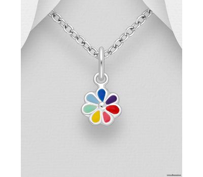 925 Sterling Silver Flower Pendant, Decorated with Colored Enamel