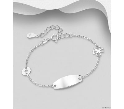 925 Sterling Silver Clover and Engravable Tag Bracelet
