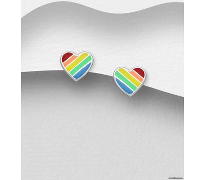 925 Sterling Silver Heart Push-Back Earrings, Decorated with Colored Enamel