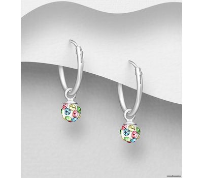 925 Sterling Silver Hoop Earrings, Decorated with Various Colors of Crystal Glass