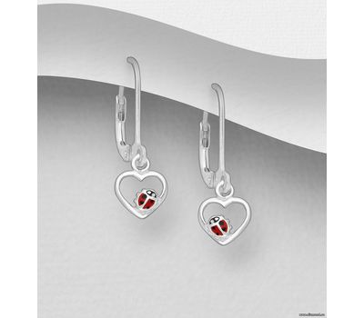 925 Sterling Silver Heart and Ladybug Lever Back Earrings, Decorated with Colored Enamel