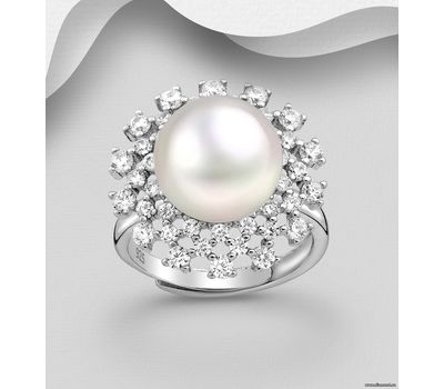925 Sterling Silver Ring, Decorated with Freshwater Pearl and CZ Simulated Diamonds