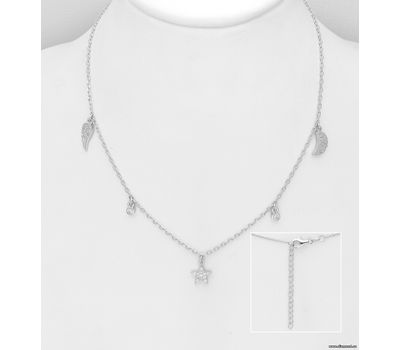 925 Sterling Silver Necklace, Featuring Moon, Star and Wing Charm, Decorated with CZ Simulated Diamonds