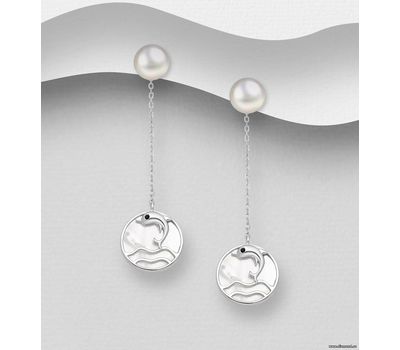 925 Sterling Silver Dolphin Push Back Earrings, Decorated with Freshwater Pearl, Shell and CZ Simulated Diamonds