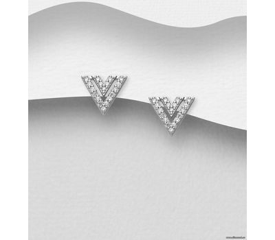 925 Sterling Silver Chevron Push-Back Earrings, Decorated with CZ Simulated Diamonds