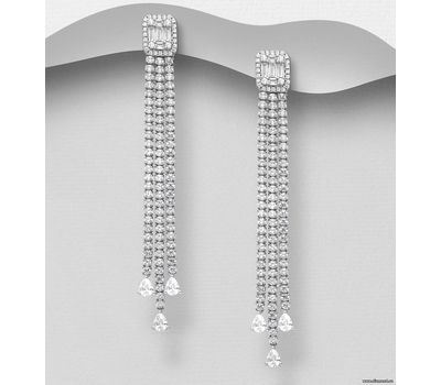 925 Sterling Silver Push-Back Earrings, Decorated With CZ Simulated Diamonds