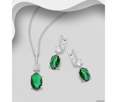 925 Sterling Silver Omega Lock Earrings and Pendant Jewelry Set, Decorated with CZ Simulated Diamonds