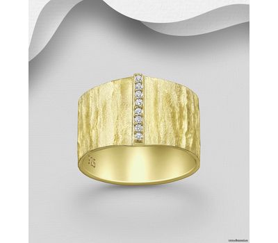 925 Sterling Silver Ring, Decorated with CZ Simulated Diamonds and Plated with 1 Micron 14K Yellow Gold